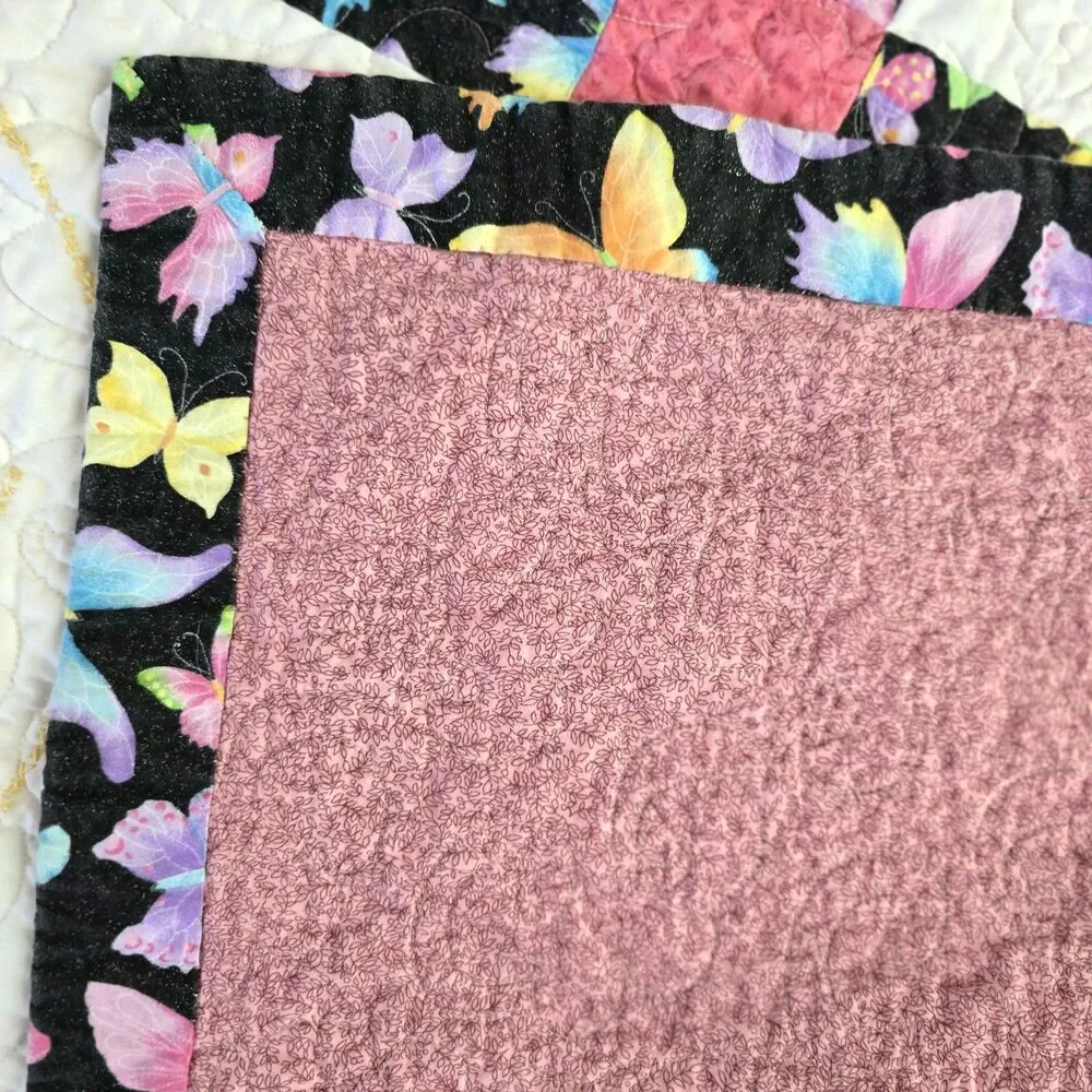 Handmade Quilt Set 80x80 Cross Stitch Butterflies w/ Matching Pillows Girls Room